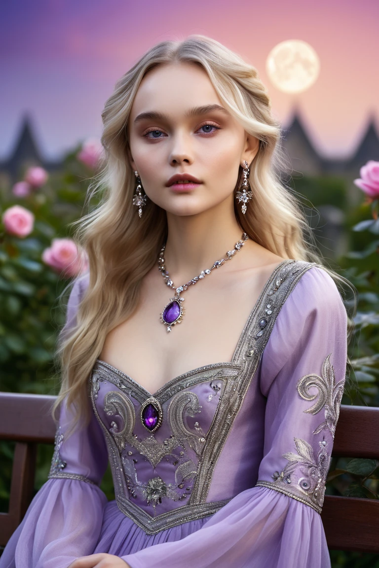 fantasy, Princess Targaryen, in the garden, a girl with white hair, in a lilac dress embroidered with gold threads of rubies and diamonds, with open shoulders, looks like Jessie Mae Lee,, hd