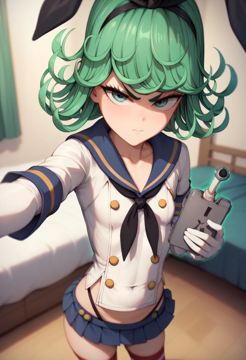 Tatsumaki , cosplay Shimakaze  kantai colection ,  1girl, solo , shirt green hair , gloves ,  small breasts , looking at viewer , **** body, closed mouth, micro-skirt , standing , bedroom,  selfie 