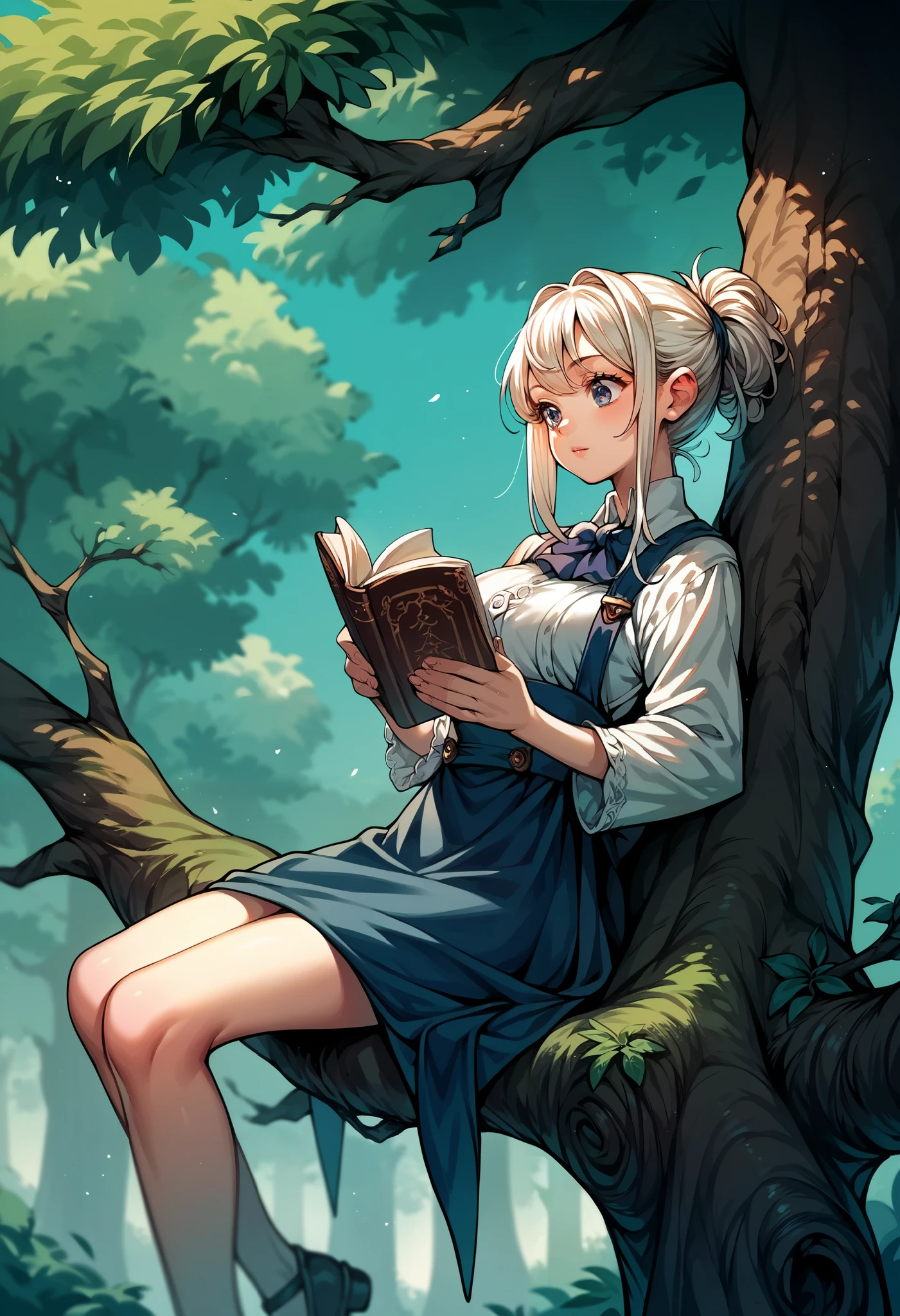 score_9, score_8_up, score_7_up, score_6_up, source_anime,girl reading a book,cool tree shade ,Sitting on the branch of a big tree,,,, dynamic angle