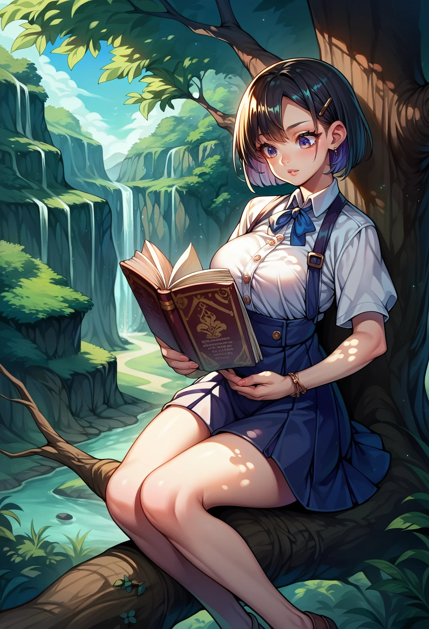 score_9, score_8_up, score_7_up, score_6_up, source_anime,girl reading a book,cool tree shade ,Sitting on the branch of a big tree, dynamic angle