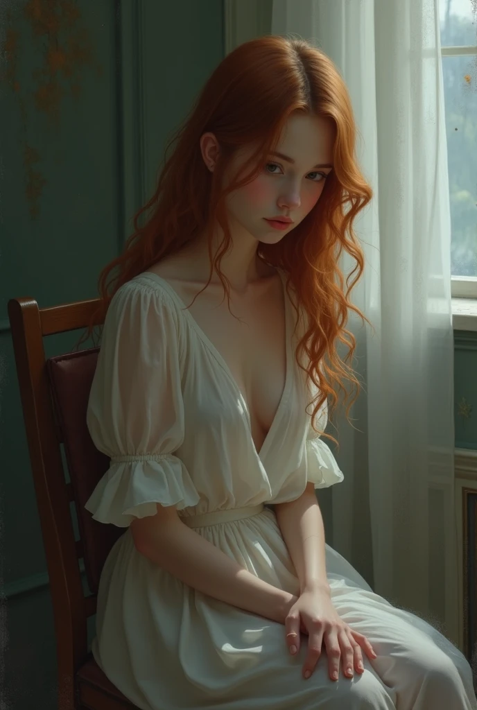 Cinderella, (masterpiece), best quality, (seethrough), expressive eyes, perfect face, squatting woman, redhead