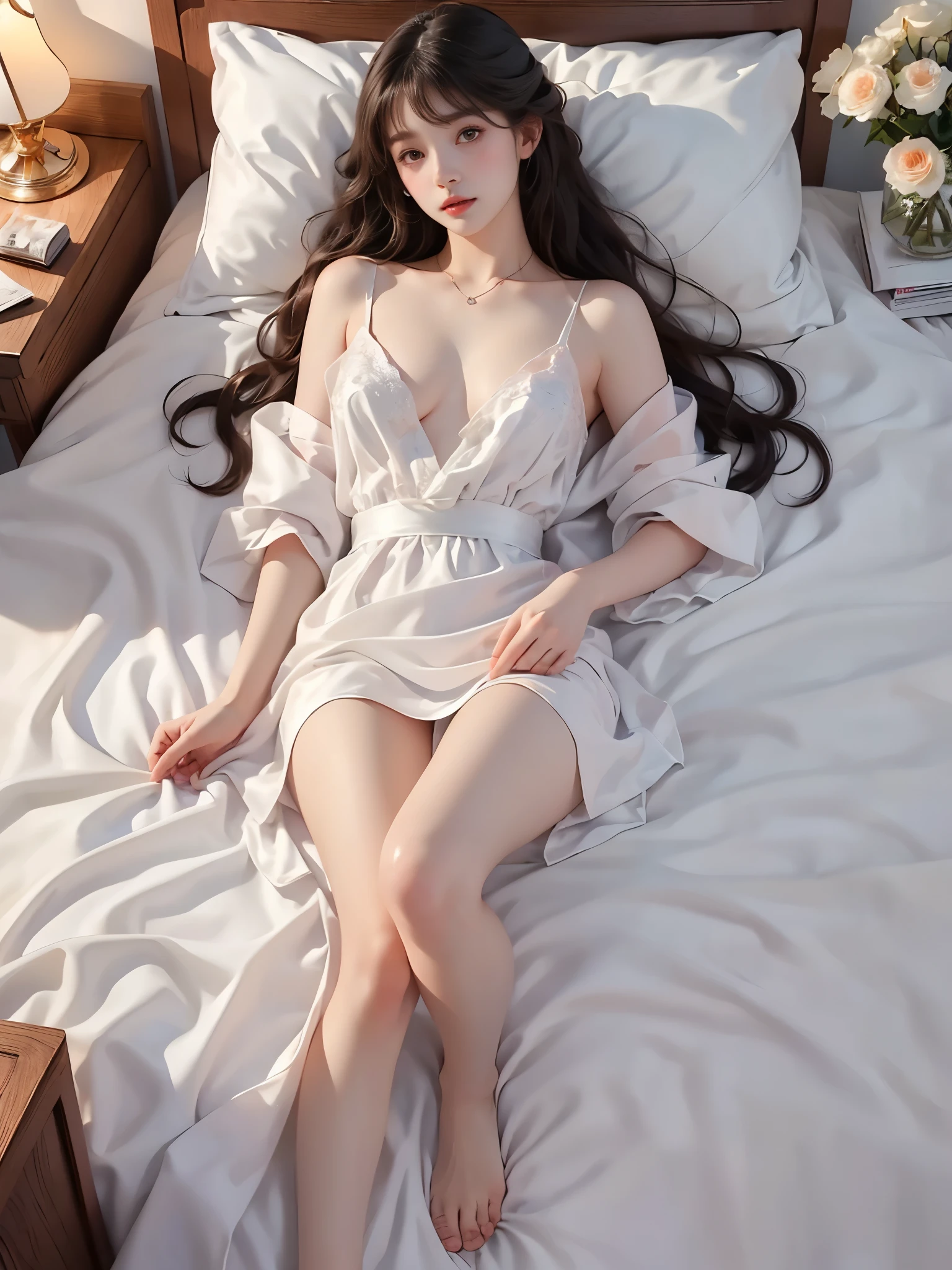 nogizaka_costume ((full body)), ((top-down aerial view)), ((lying on bed)), ((natural knee bend)), ((feet flat on bed)), ((relaxed posture)), 1girl, solo, dark moody style, photorealistic, beautiful feminine face, soft delicate features, ((perfect anatomical proportions)), shapely figure, long toned legs, (highly detailed skin texture:1.3), flawless complexion, ((silk bedding)), ((crumpled sheets)), natural ambient lighting, professional boudoir photography, crisp focus with subtle depth of field, 8k ultra hd, cinematic composition, dramatic shadows, studio lighting setup, intimate atmosphere, high-end fashion editorial, (hyperrealistic skin details), volumetric lighting, premium camera lens bokeh, sophisticated mood.