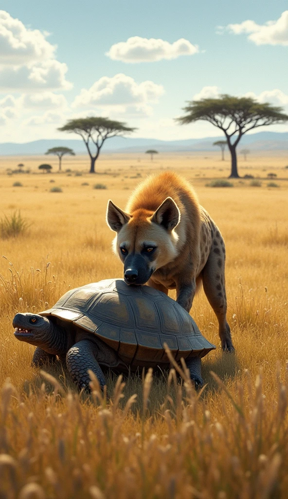 A fierce hyena stands in a dry, dusty savannah, its eyes locked onto a large tortoise. The tortoise, though armored with a tough, weathered shell, is no match for the hyena's powerful jaws. With a savage bite, the hyena cracks the tortoise's shell, splintering the hard surface with a sickening crunch and bite the tortoise hold between two jaws. Blood seeps from the jagged edges, staining the ground as the hyena pries open the shell further, revealing the soft flesh within. The scene is brutal and raw, a stark reminder of the unforgiving nature of the wild.