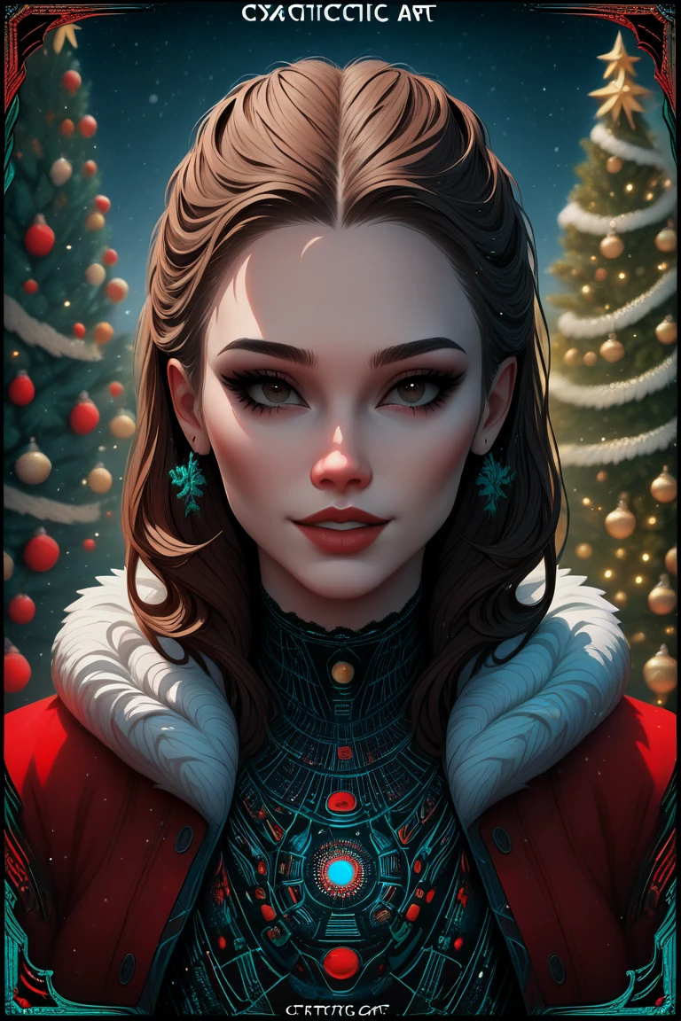 (Masterpiece, High Resolution, High Quality, Aesthetics: 1.2), (One Beautiful Woman), (Fractal Art: 2.0), Beautiful Woman (long beautiful brown hair, beautiful face, beautiful eyes, white skin, red lips, red cheeks, smiling happily, close-up), looking at me, wearing a white fur scarf and a red coat (blurred light 1.2), beautiful winter landscape, snow falling (blurred white: 1.2), soft sunlight, full screen, Christmas tree in background (full screen), (shining: 1.2), (blurred light 1.2), soft sunlight, Christmas tree in background (full screen), (blurred white: 1.2), (blurred light 1.2), (blurred white: 1.2), (blurred light 1.2), (blurred light 1.2), (blurred light 1.2), (blurred light 1.2), (blurred light 1.2) Christmas tree, soft sunlight, cute illustration, Christmas tarot card, holly border, holy night