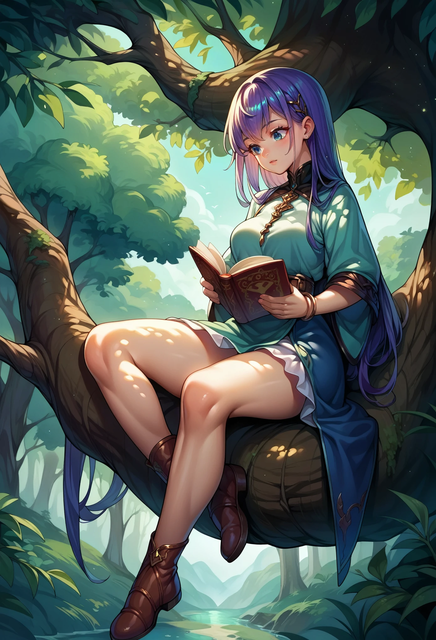 score_9, score_8_up, score_7_up, score_6_up, source_anime,girl reading a book,cool tree shade ,Sitting on the branch of a big tree, dynamic angle