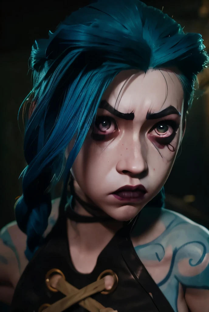 Hyper realistic super detailed Jinx cosplay , Young girl, , Very detailed, (hyper realistic: 1.4), in dynamic pose, angry face, twin braids, long hair, blue hair, red eyes, tattooed arm , ((angry face)), arcane style. ((Grunge Neon grafitti background, smoke, cinematic lighting)).