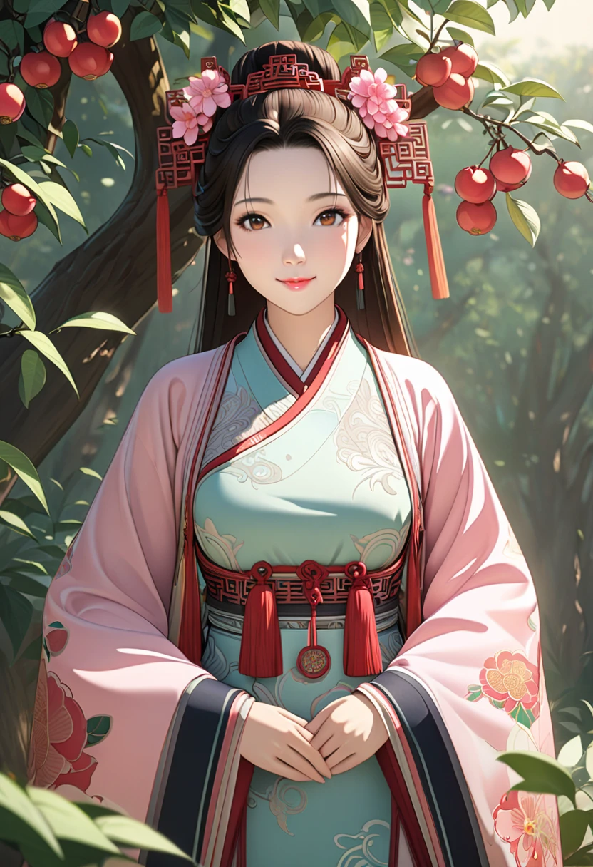 masterpiece,  super detail,  High Quality ,  very detailed, 8k wallpaper, A beautiful single daughter ,  ancient Chinese clothing , full body, Beautiful brown eyes,  pink lips, Beautiful nose, A neat and beautiful face,  looks at me and smiles gently , Mid-chest,  has an anatomically accurate and beautiful figure, Beautiful Skin, natural clean background , Sunshine, Wolfberry flower ,   next to a jujube tree  ,   detailed illustration art, 