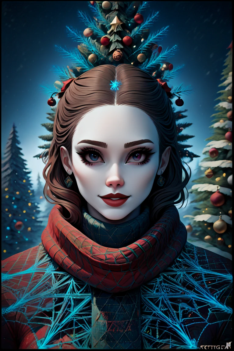 (Masterpiece, High Resolution, High Quality, Aesthetics: 1.2), (One Beautiful Woman), (Fractal Art: 2.0), Beautiful Woman (long beautiful brown hair, beautiful face, beautiful eyes, white skin, red lips, red cheeks, smiling happily, close-up), looking at me, wearing a white fur scarf and a red coat (blurred light 1.2), beautiful winter landscape, snow falling (blurred white: 1.2), soft sunlight, full screen, Christmas tree in background (full screen), (shining: 1.2), (blurred light 1.2), soft sunlight, Christmas tree in background (full screen), (blurred white: 1.2), (blurred light 1.2), (blurred white: 1.2), (blurred light 1.2), (blurred light 1.2), (blurred light 1.2), (blurred light 1.2), (blurred light 1.2) Christmas tree, soft sunlight, cute illustration, Christmas tarot card, holly border, holy night