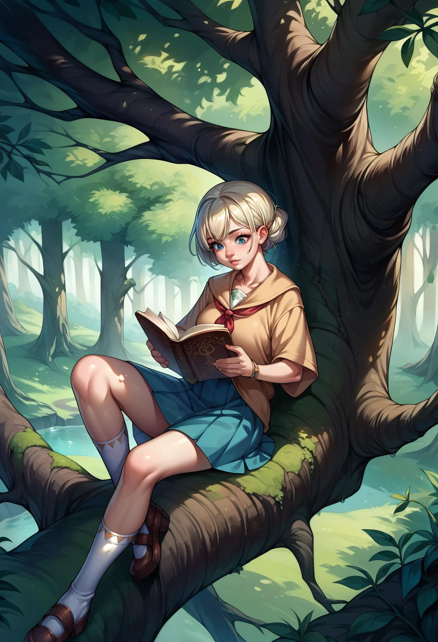 score_9, score_8_up, score_7_up, score_6_up, source_anime,girl reading a book,cool tree shade ,Sitting on the branch of a big tree, dynamic angle