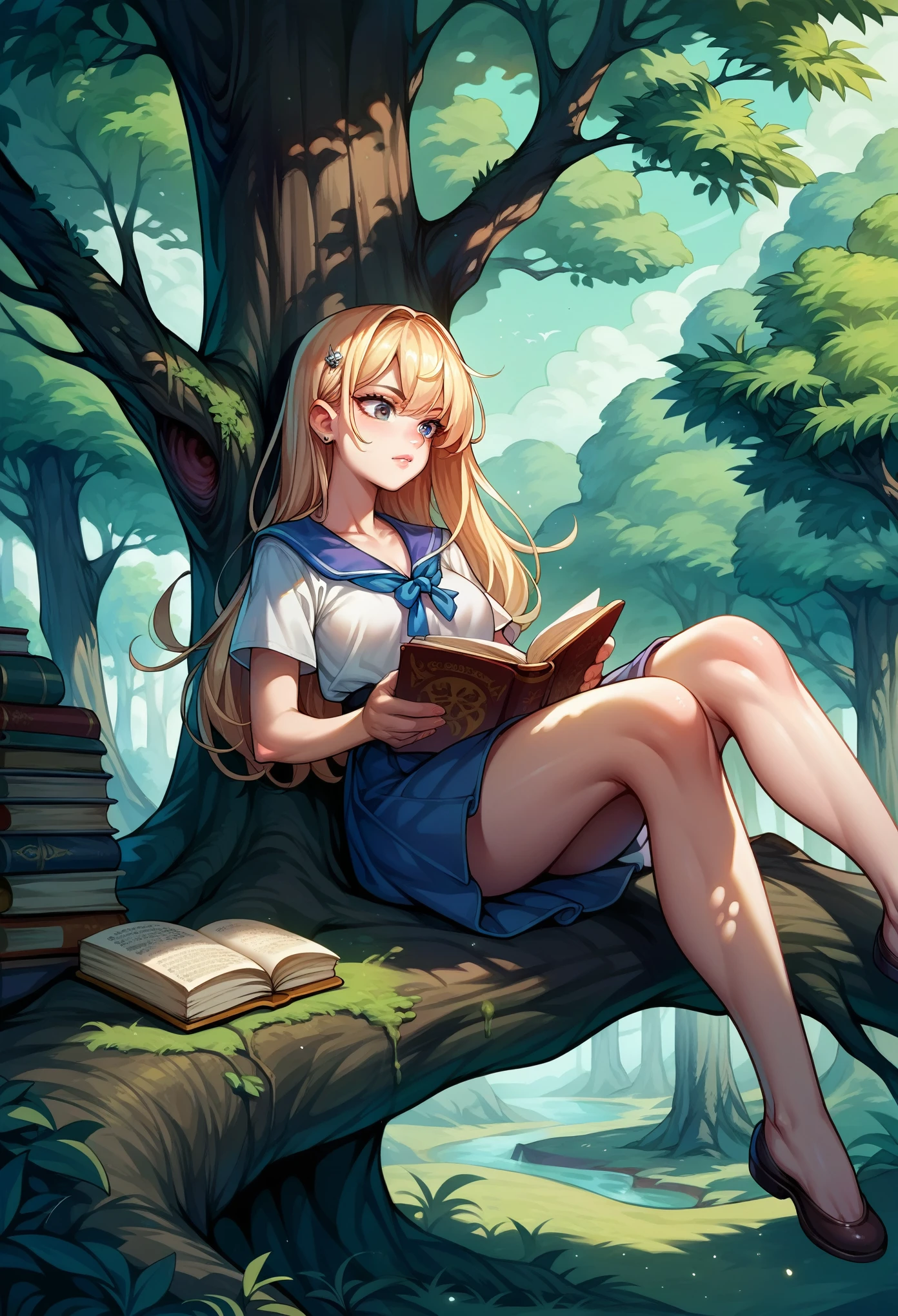 score_9, score_8_up, score_7_up, score_6_up, source_anime,girl reading a book,cool tree shade ,Sitting on the branch of a big tree, dynamic angle