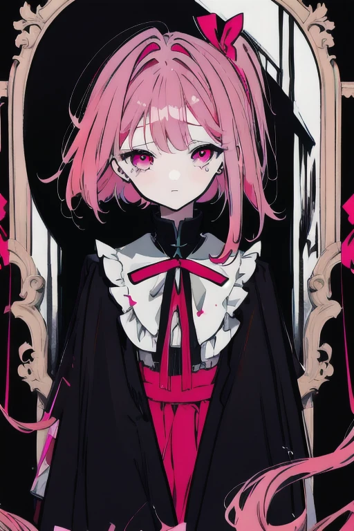 Dark-looking girl, short pink hair, with red aura, ta dress, with blood on her face