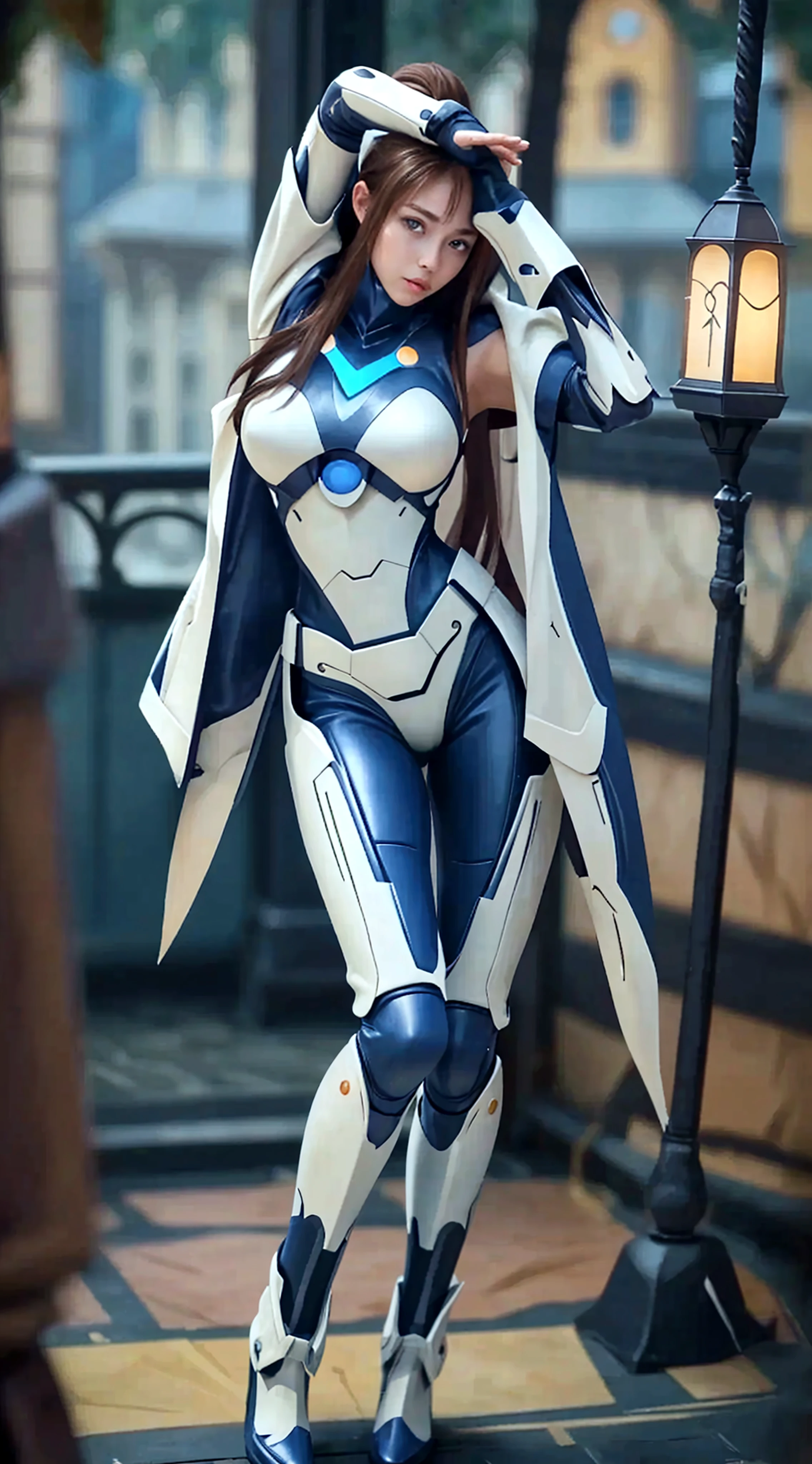 Arafed woman in a blue and white suit and a white cape - SeaArt AI