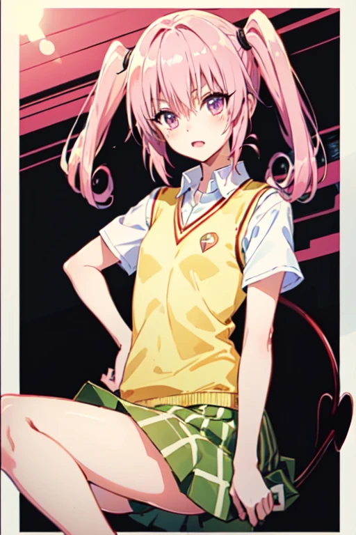  Nana Asta Deviluk, girl、一人の girl、tooth, Long Hair, Pink Eyes,  pink hair, Tail, demon Tail、twintails,  flat chest,  white shirt,  sweater vest, ( yellow vest :1.1), Short sleeve,  plaid skirt ,  green skirt, Short sleeve, best quality,blush