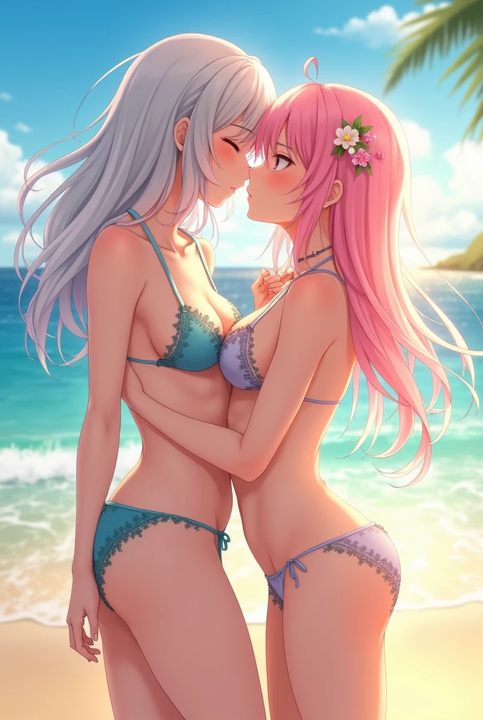 Two girls,Bikini swimsuit,Same stature,One black and one white,Hold each other,The two bodies are close together,Kiss,in class room