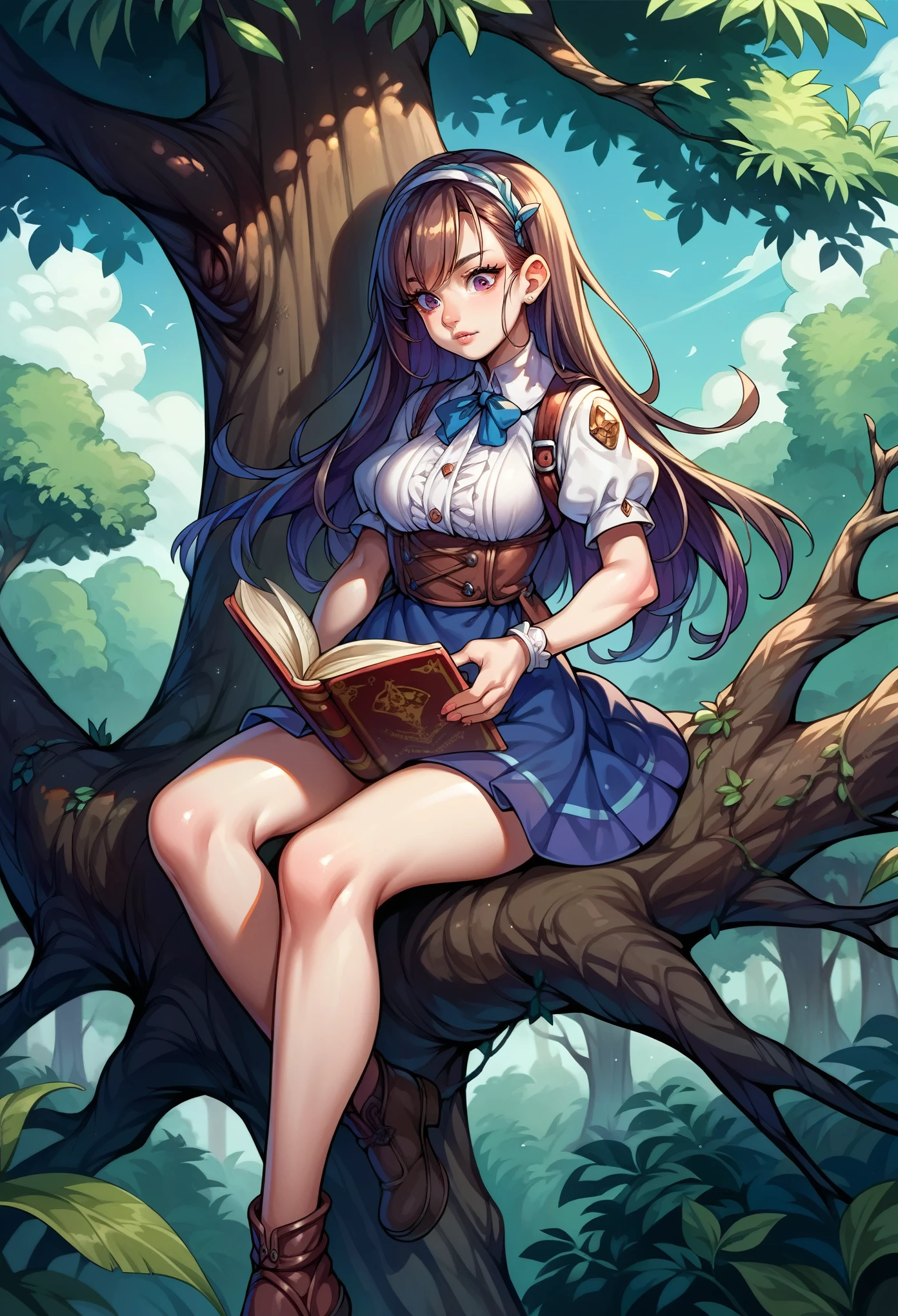 score_9, score_8_up, score_7_up, score_6_up, source_anime,girl reading a book,cool tree shade ,Sitting on the branch of a big tree, dynamic angle