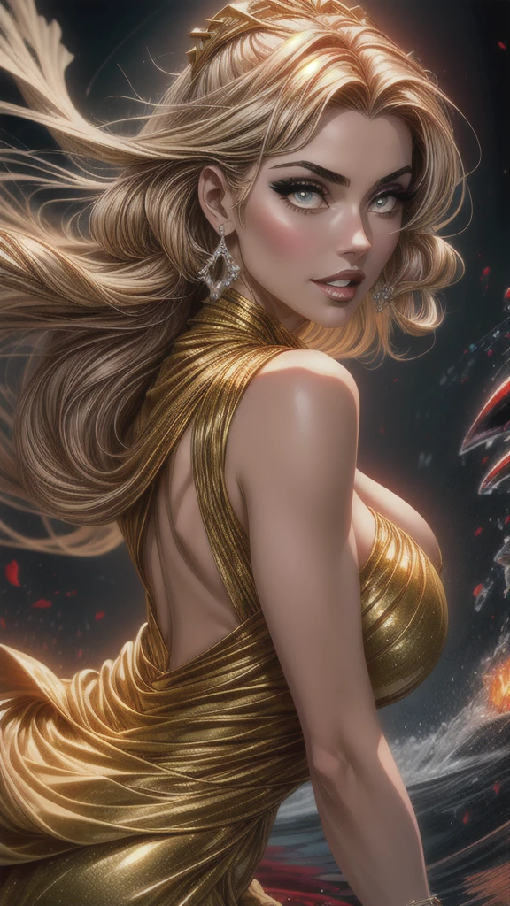 (masterpiece, best quality, ultra-detailed:1.2), 1girl, perfect curves, (g0ld3mb, gold:1.1), (glimmering galaxy dress:1.1), long straight blonde hair, laced hair, wrapped in white silk, (red background:1.2), riding a wolf