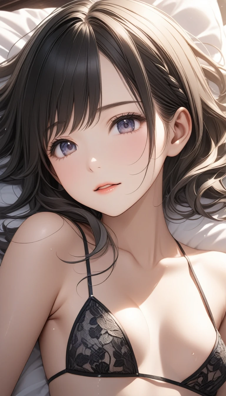  Cute Girl, young face 、Slender figure、Thin legs、８From head to body、(( light black hair  、Inner color hairstyle ),((A man is lying in bed wearing exciting revealing clothes)))、 Beautiful Hair ,  facial contouring , remember、illumination、 lens flare during the day,Natural color,   high resolution  , Very subtle,   very detailed , 8K,shy、 slightly swollen breasts 、Bed at home 、((sex))、 dark room 、Close-up angle、View from above 