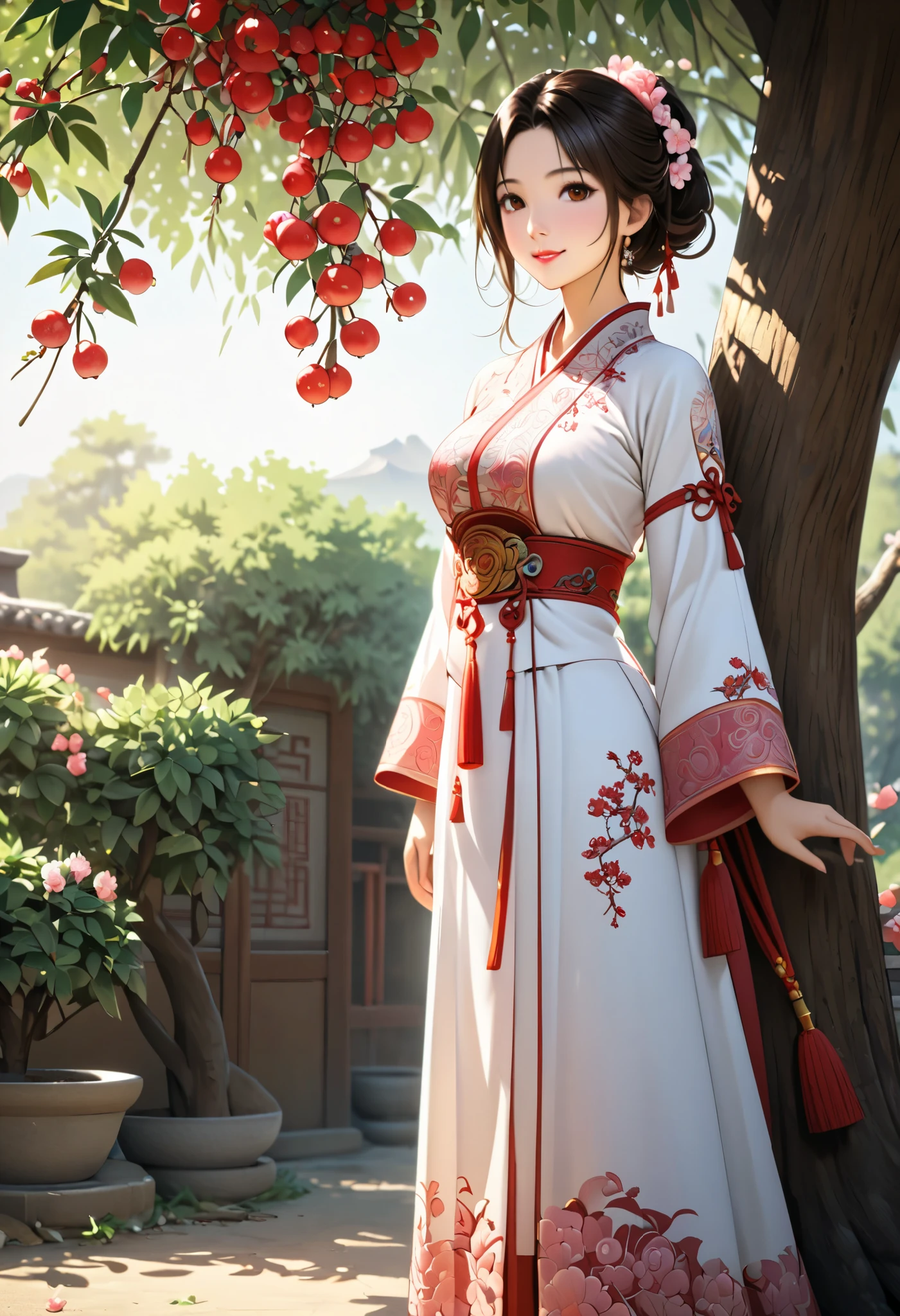 masterpiece,  super detail,  High Quality ,  very detailed, 8k wallpaper, A beautiful single daughter ,  ancient Chinese clothing , full body, Beautiful brown eyes,  pink lips, Beautiful nose, A neat and beautiful face,  looks at me and smiles gently , Mid-chest,  has an anatomically accurate and beautiful figure, Beautiful Skin, natural clean background , Sunshine, Wolfberry flower ,   next to a jujube tree  ,   detailed illustration art, 