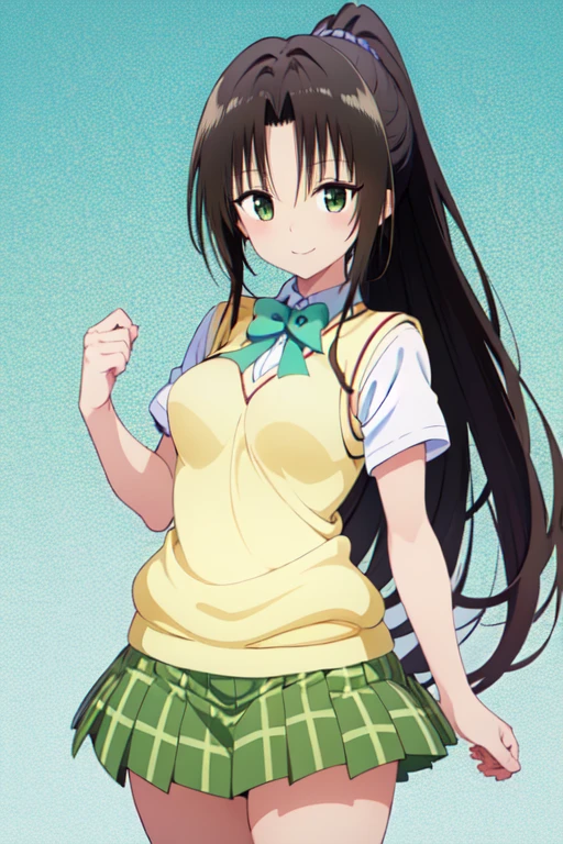 Kujo Rin,girl,Alone,long hair,ponytail, white shirt,  sweater vest, ( yellow vest :1.1), Short sleeve,  plaid skirt ,  green skirt, Short sleeve, best quality,smile,large breasts