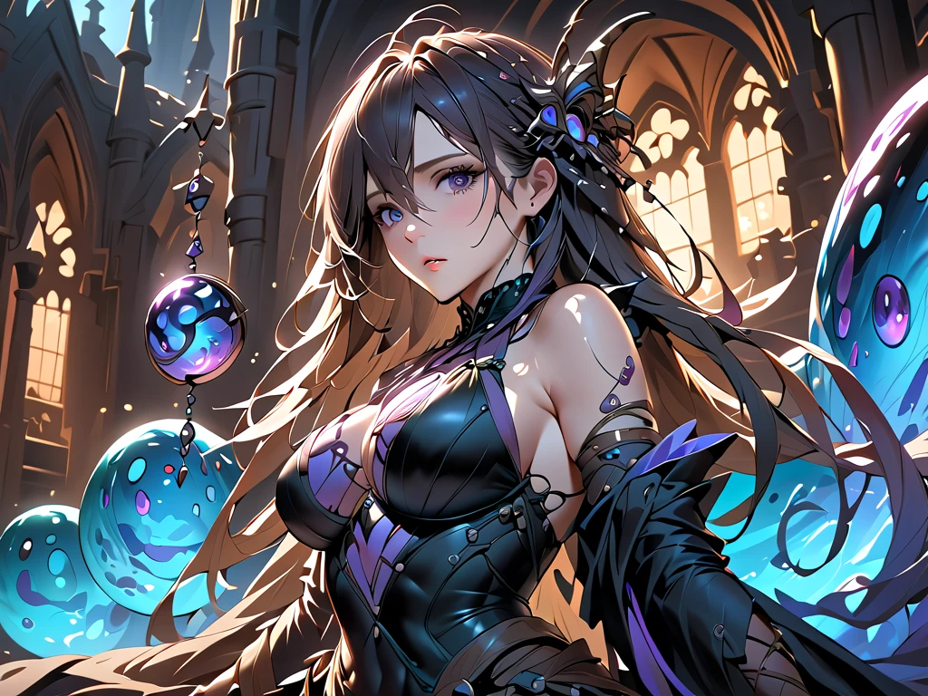 layer_megamanx, 1girl, solo, long hair, purple hair, green eyes, blunt bangs, hair over eyes, large breasts, dark skin, dark-skinned female, android, underboob, robot ears, high quality, masterpiece, standing in an underwater city with lots of bubbles, in the style of yuumei, intricate architectures, indigo, miniature illumination, daniel f. gerhartz