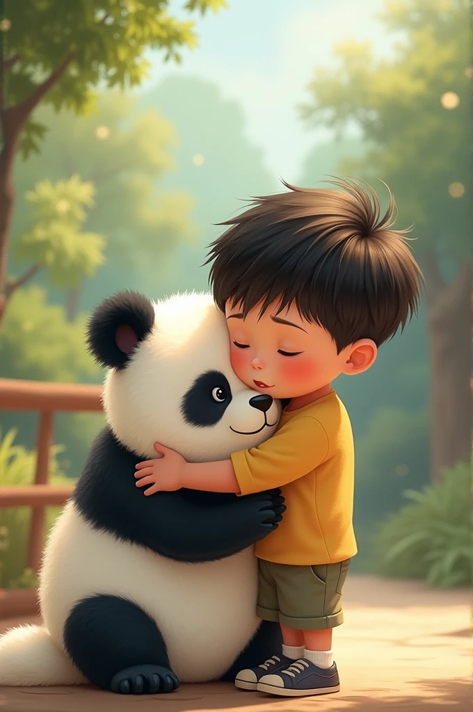 Prompt**: The panda nuzzles Leo, who has a joyful expression on his face. The boy and the panda are playing near the stream, with the boy’s toy panda lying on the ground beside them.