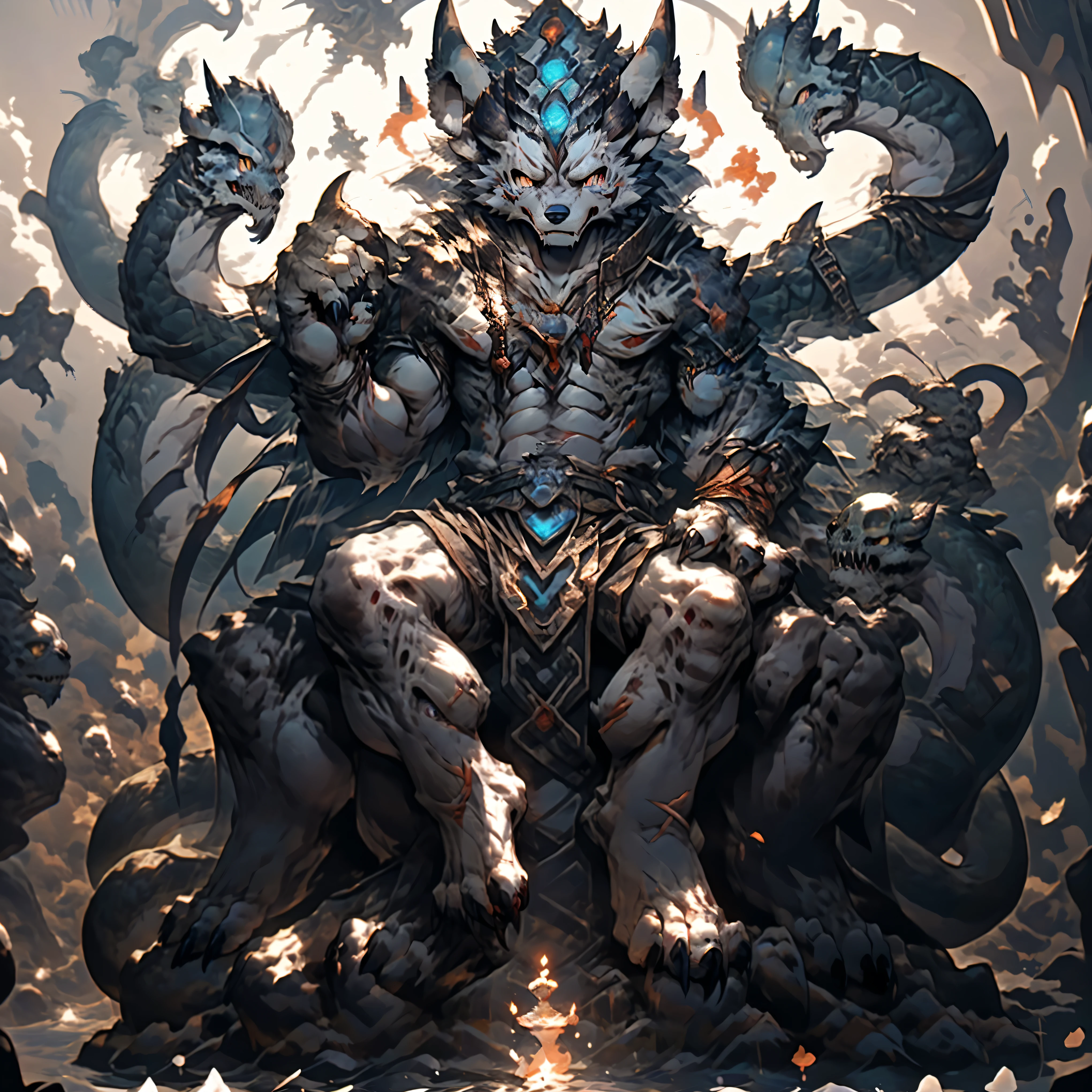 (((furry))), (((Cthulhu))), wolf, deity, evil god, wolf beastman, werewolf, (((gray wolf))), full body portrait, ((gray fur)), (bare-chested), strong, muscular, firm chest muscles, 8-pack abs, thick arms, developed biceps, thick tail, broad wolf paws, (barefoot), broad beast feet, sharp claws, (((exposed canine))), (((notched ear))), ((demon horns)), (nipple ring), (collar), (scarred body), ((damaged demon wings)), ((blue flames)), ((eyes with blue flames)), ((third eye on forehead)), ((vertical eye on forehead)), (((vertical scar on left eye))), (((scar from left shoulder to right waist))), (((scar across chest and abs))), handsome face, determined face, majestic face, skull pattern on face, ((mysterious pattern on chest)), ((magic circle pattern on arms)), (loose shorts), (belt made of skulls), ((throne of bones)), ((sitting on throne of bones)), ((looking at camera)), ((looking down)), (((smirking expression))), ((tentacles)), ((tentacles with eyes)), ((iron chains)), ((iron chains with runes)), ((iron chains wrapped around body)), burning ground, ground full of skulls, black mist floating in the air, twisted, destruction, (seductive), handsome, (charming), majestic, domineering, huge, powerful, evil, eerie, indescribable