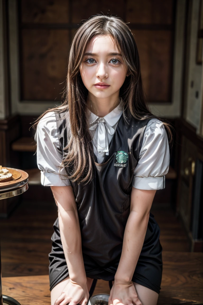 high resolution photograph of a beautiful female idol, (masterpiece,best quality),(realistic, photo-realistic),RAW Photo, 8k, solo, 1girl, full body, detailed face, detailed eyes, thin nose, (dark hair, long straight hair:1.2), (waitress uniform:1.3), (desperate pose, covering crotch, standing with spread legs apart, pissing in a cup:1.5), looking at viewer, photo background, indoors, Starbucks cafe, coffee shop,