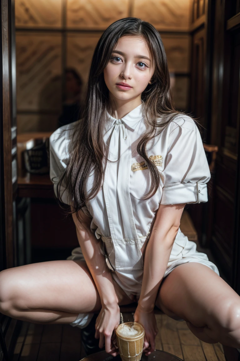 high resolution photograph of a beautiful female idol, (masterpiece,best quality),(realistic, photo-realistic),RAW Photo, 8k, solo, 1girl, full body, detailed face, detailed eyes, thin nose, (dark hair, long straight hair:1.2), (waitress uniform:1.3), (desperate pose, covering crotch, standing with spread legs apart, pissing in a cup:1.5), looking at viewer, photo background, indoors, Starbucks cafe, coffee shop,