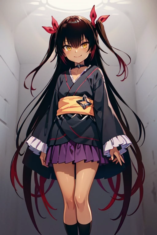 nemesis,best quality, long hair, black hair, two side up, hair ribbon, tan,. dark skin, black choker, frills, japanese black clothes, obi, purple hakama short skirt, standing,evil smile