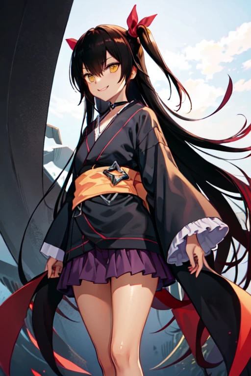 nemesis,best quality, long hair, black hair, two side up, hair ribbon, tan,. dark skin, black choker, frills, japanese black clothes, obi, purple hakama short skirt, standing,evil smile