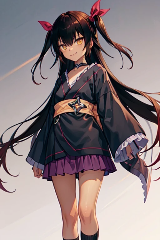 nemesis,best quality, long hair, black hair, two side up, hair ribbon, tan,. dark skin, black choker, frills, japanese black clothes, obi, purple hakama short skirt, standing,evil smile