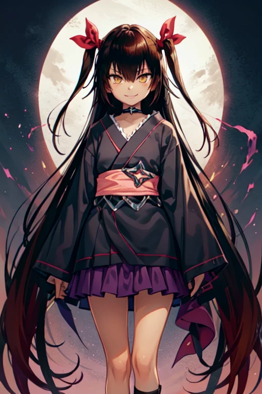 nemesis,best quality, long hair, black hair, two side up, hair ribbon, tan,. dark skin, black choker, frills, japanese black clothes, obi, purple hakama short skirt, standing,evil smile