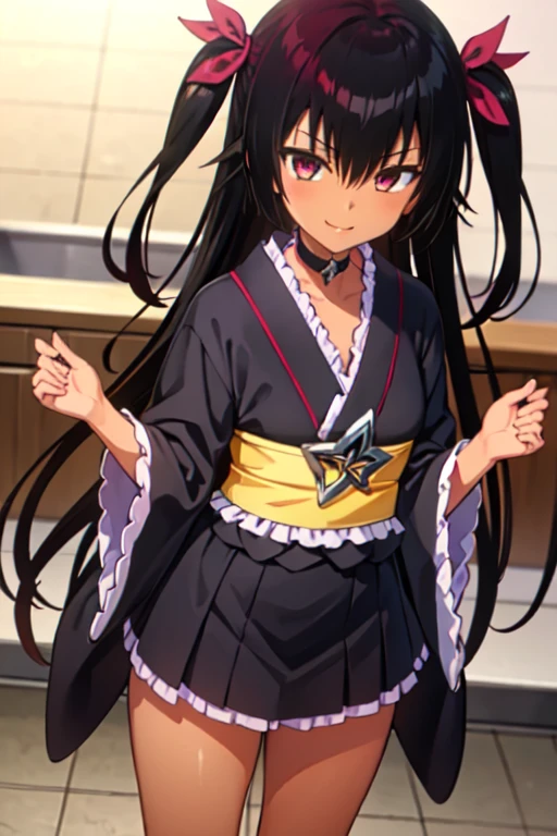 nemesis,best quality, long hair, black hair, two side up, hair ribbon, tan,. dark skin, black choker, frills, japanese black clothes, obi, purple hakama short skirt, standing,evil smile