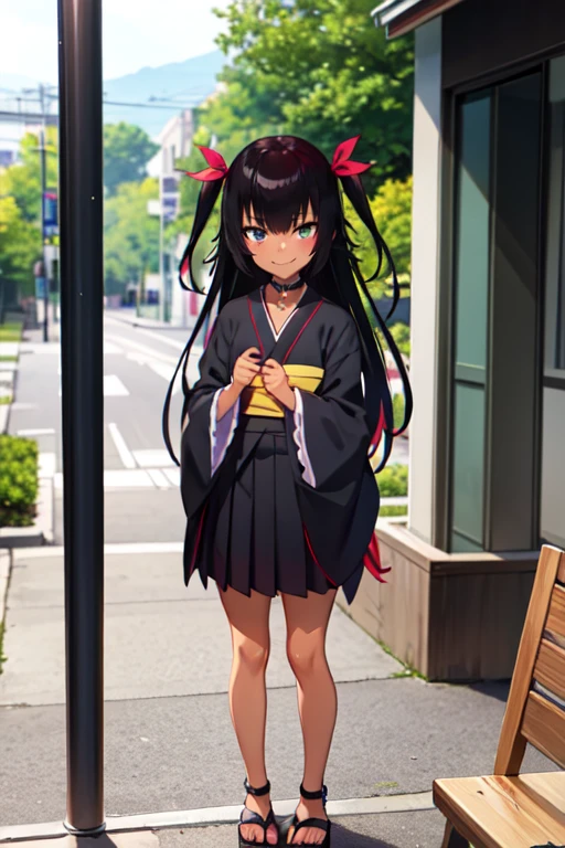 nemesis,best quality, long hair, black hair, two side up, hair ribbon, tan,. dark skin, black choker, frills, japanese black clothes, obi, purple hakama short skirt, standing,evil smile