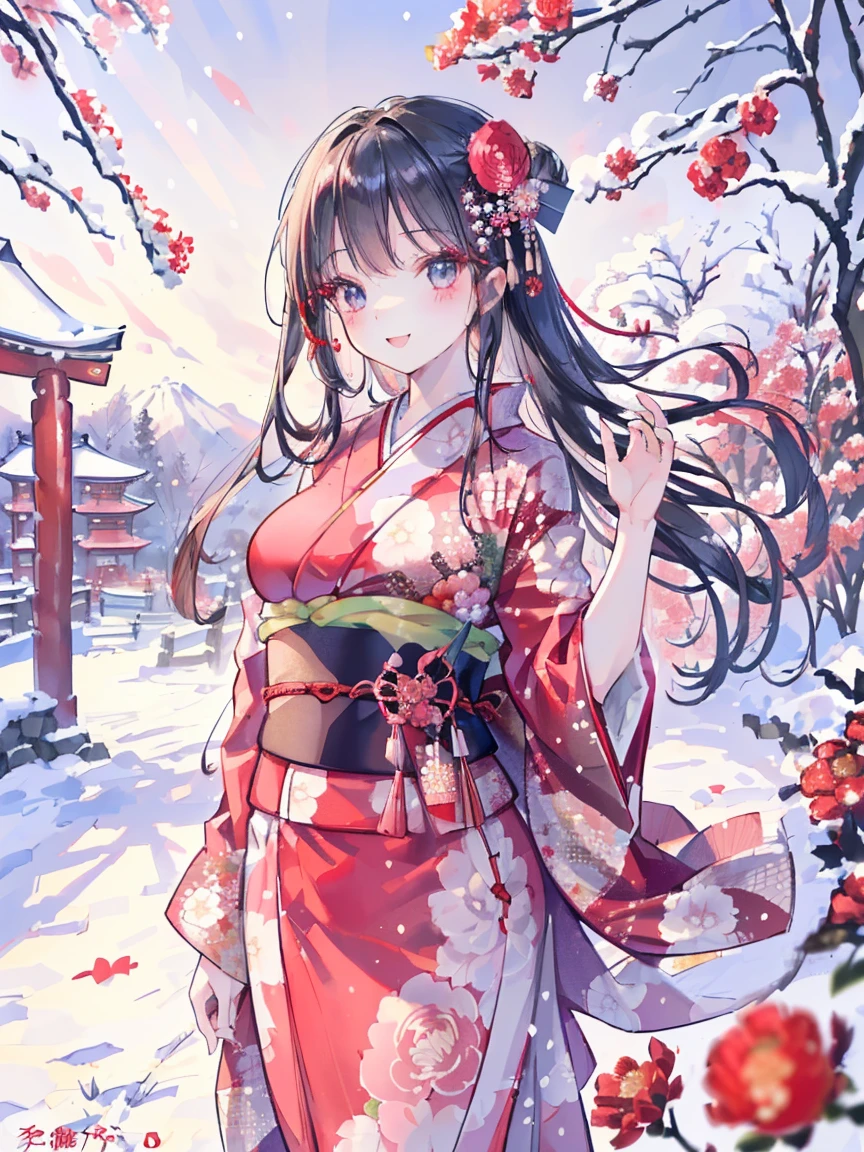 ((perfect anatomy, anatomically accurate , Super Detailed Skins )), 1 girl, Japanese, high school girl , shiny skin, big breasts at the temple:0.5, look up , View the view, Beautiful Hair, Facial beauty, beautiful detailed eyes , (Mid-length hair:1.5, Japanese hair:1.5), black haired, blue eyes, Baby Face , mole under eye, (((Red floral kimono), Hair accessories)), ((smile:1.5, open your mouth wide)), walk, ( Beautiful Scenery ), winter, dawn, (New Year),((The background is the temple grounds )), snow, snowfall:1.5, Frozen Weather, frost, (8k, top-quality, masterpiece:1.2, Extremely detailed), ( photorealistic ), beautiful illustration , Natural lighting ,