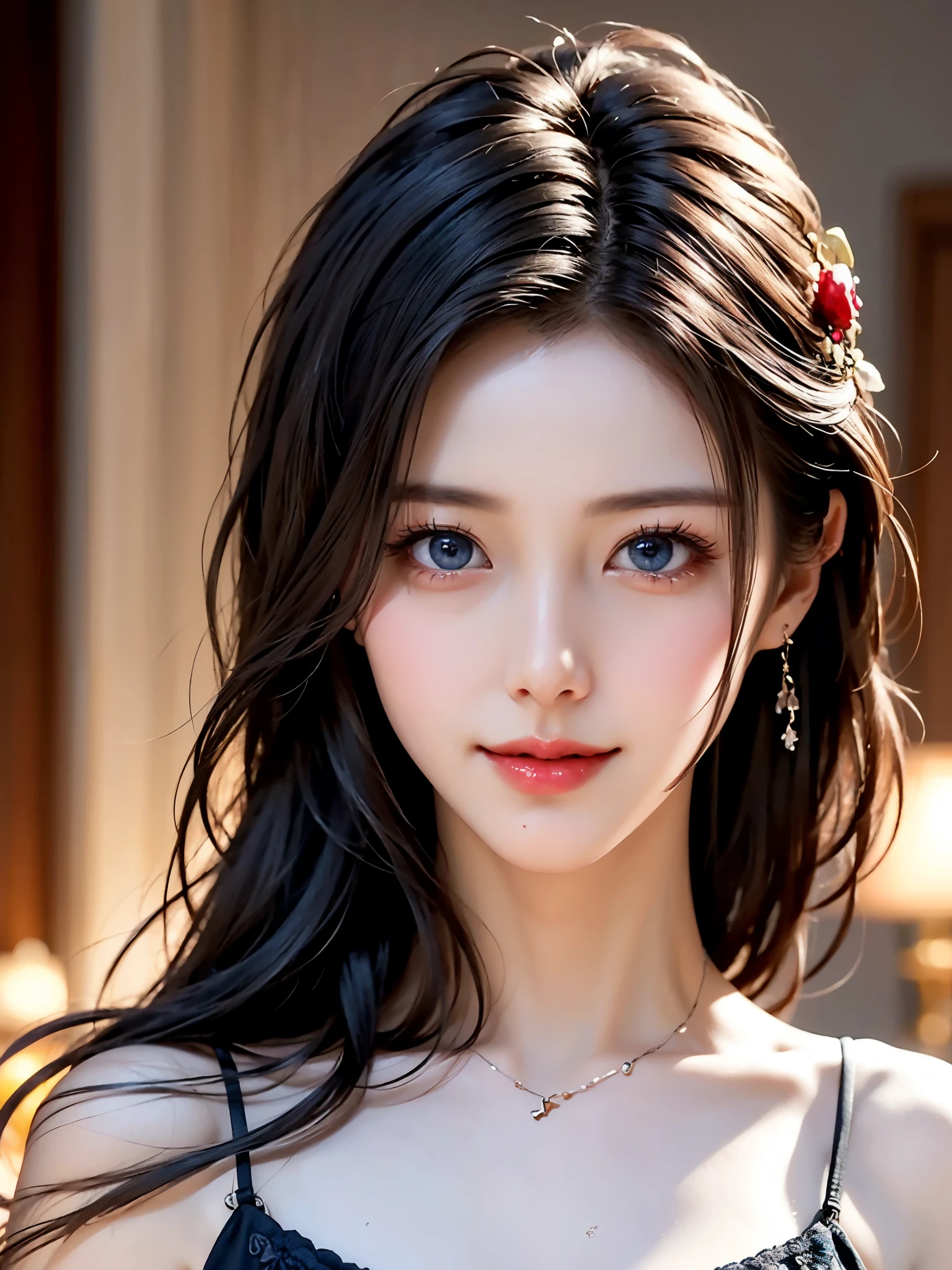 portrait、Realistic、Elegant mature women、 blue eyes、 shiny hair、smile、 camisole 、bedroom、Beautiful breasts, 4K resolution、 High Quality CG、Beautiful CG、Soft light