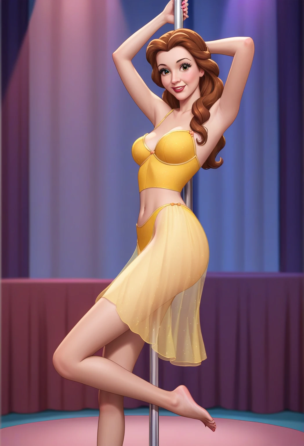 PonyXLV6_Scores ,source_anime, masterpiece,best quality, highly detailed,cinematic,
BREAK
princess Belle,1girl, solo, brown loose hair, hazel eyes, red lips, smiling, Belle dressed as an Arab slave, with a yellow top and panties, a translucent veil covering her face and hair, barefoot in a sexy pose, dancing a pole dance, looking at viewer, indoors, inside of a pole dance scenario, medium breasts,