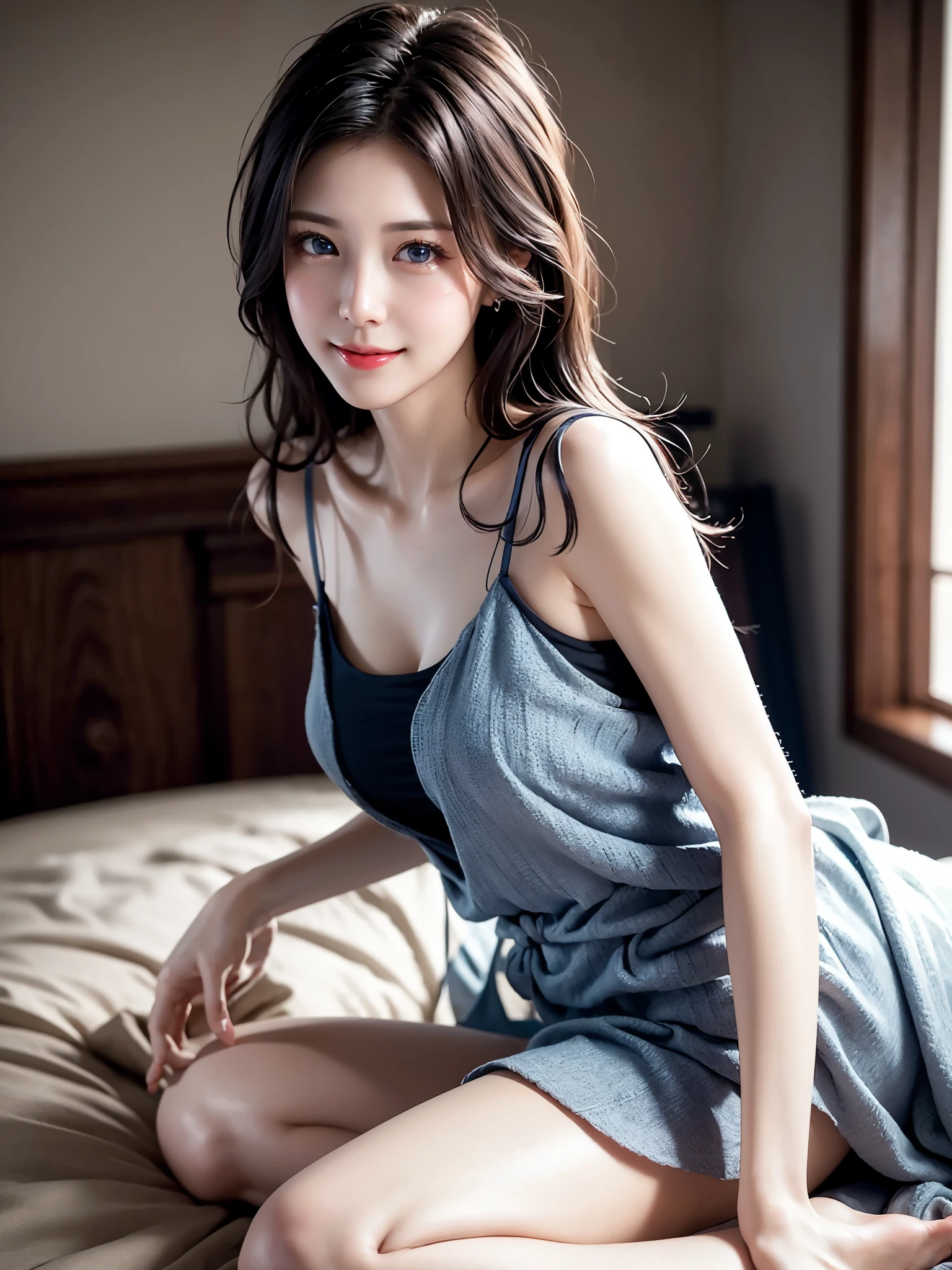  portrait、Realistic、Elegant mature women、 blue eyes、 shiny hair、smile、 camisole 、bedroom、Beautiful breasts, 4K resolution、 High Quality CG、Beautiful CG、Soft light