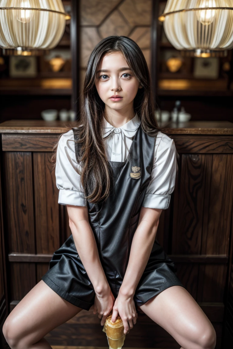 high resolution photograph of a beautiful female idol, (masterpiece,best quality),(realistic, photo-realistic),RAW Photo, 8k, solo, 1girl, full body, detailed face, detailed eyes, thin nose, (dark hair, long straight hair:1.2), (waitress uniform:1.3), (desperate pose, covering crotch, standing with spread legs apart, pissing in a cup:1.5), looking at viewer, photo background, indoors, Starbucks cafe, coffee shop,