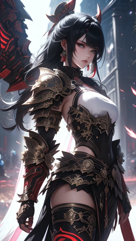 blood vess、atrocious、A high resolution、ultra - detailed,Bones are everywhere,Broken weapons are scattered everywhere,Loaded with swords, Guns and halberds,Weapons should have undried blood,The top of the pile of bones,A woman who is,Wearing dragon-patterned armor,The armor is black dragon scales,The hands are supported with broadswords,(The sword pierces the monster's head,1.3),The sky is gloomy。
