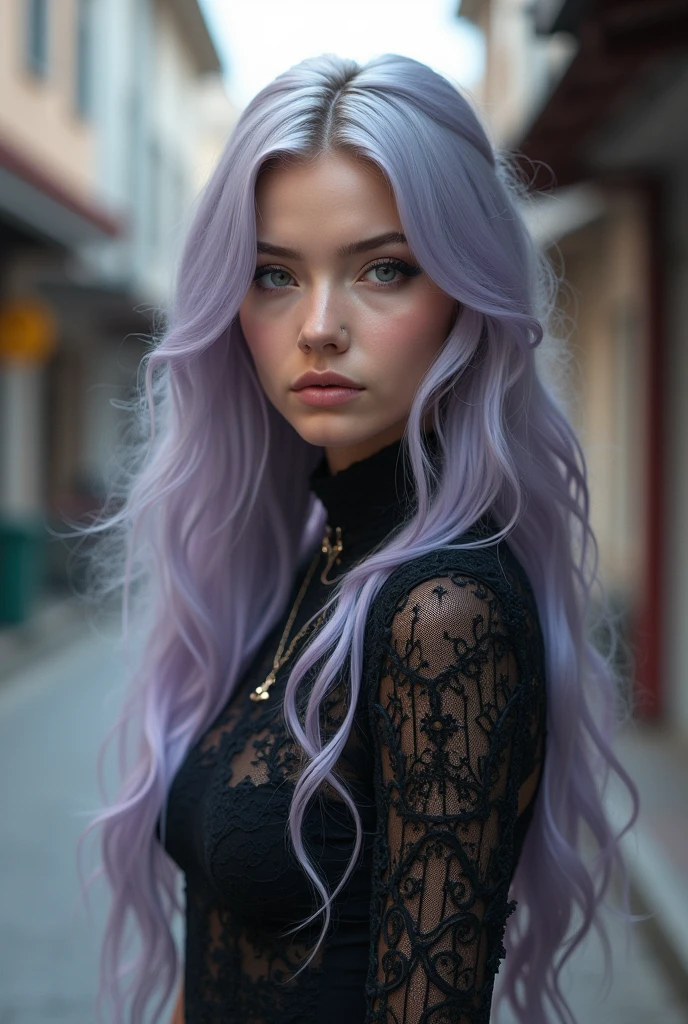 youth Slavic woman with light purple hair, absurdly long hair, hairstyle, with natural light from top right