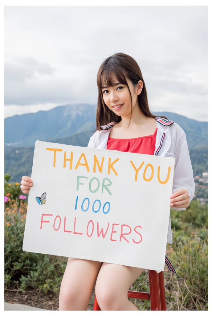 professional shot of sakumi in white jacket with red crop top holding a sign with colorful handwritten text "THANK YOU FOR 1000 FOLLOWERS" she smiling happy at outdoor, mountain background, there is sky, flowers, and butterfly