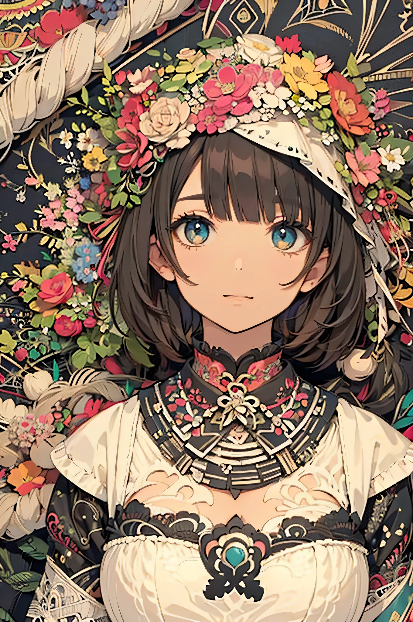 Official Art, wallpaper, Very detailed, (((Very detailed eyes and face))), Shut your mouth., masterpiece, highest quality, Realistic portraits, (ZenTangle, Mandala, Tangle, EnTangle), Complex clothing, Very detailed, Dynamic Angle, The most beautiful form of chaos, elegant, Brutalist Design, Vibrant colors, Romantic Chinese Flowers