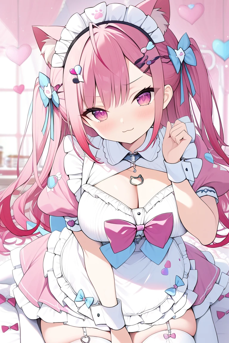 1girl,solo,sakuna,naughty face,pink eyes,Beautiful Eyes,:3,pink hair,maid headdress,thigh highs,puffy short sleeves,cat ears,dress,apron,white apron,long hair,two side up,large breasts,light blue bow,hair ornament,puffy sleeves,short sleeves,pink dress,wrist cuffs,pink bow,sakuna,maid headdress,puffy short sleeves,dress,white apron,light blue bow,hair ornament,wrist cuffs,Official Costumes,(masterpiece,best quality,very aesthetic,ultra detailed),cute,pink heart background