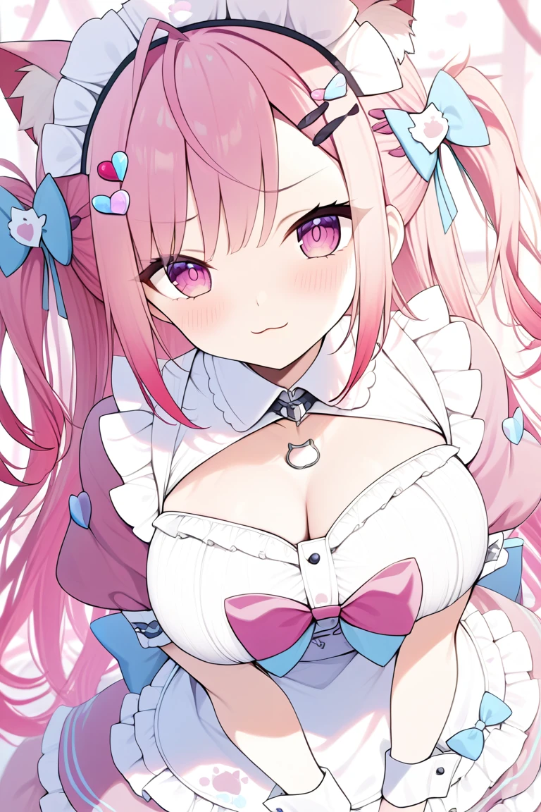 1girl,solo,sakuna,naughty face,pink eyes,Beautiful Eyes,:3,pink hair,maid headdress,thigh highs,puffy short sleeves,cat ears,dress,apron,white apron,long hair,two side up,large breasts,light blue bow,hair ornament,puffy sleeves,short sleeves,pink dress,wrist cuffs,pink bow,sakuna,maid headdress,puffy short sleeves,dress,white apron,light blue bow,hair ornament,wrist cuffs,Official Costumes,(masterpiece,best quality,very aesthetic,ultra detailed),cute,pink heart background