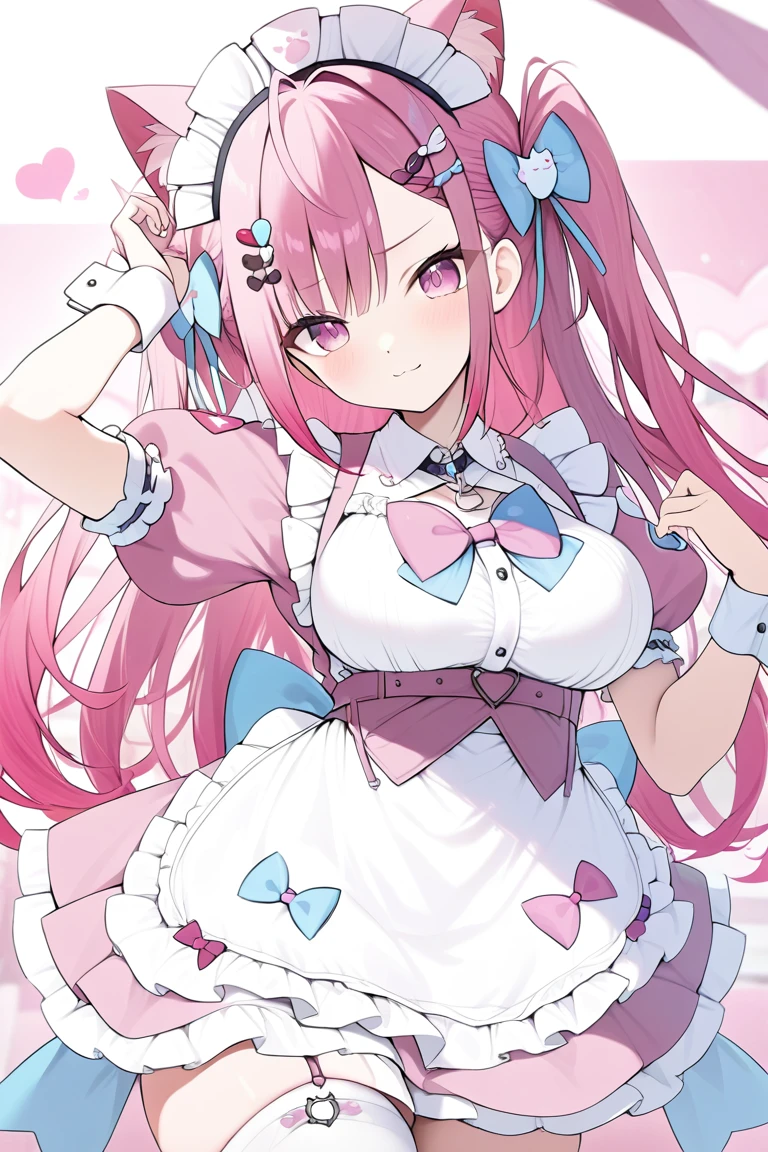 1girl,solo,sakuna,naughty face,pink eyes,Beautiful Eyes,:3,pink hair,maid headdress,thigh highs,puffy short sleeves,cat ears,dress,apron,white apron,long hair,two side up,large breasts,light blue bow,hair ornament,puffy sleeves,short sleeves,pink dress,wrist cuffs,pink bow,sakuna,maid headdress,puffy short sleeves,dress,white apron,light blue bow,hair ornament,wrist cuffs,Official Costumes,(masterpiece,best quality,very aesthetic,ultra detailed),cute,pink heart background