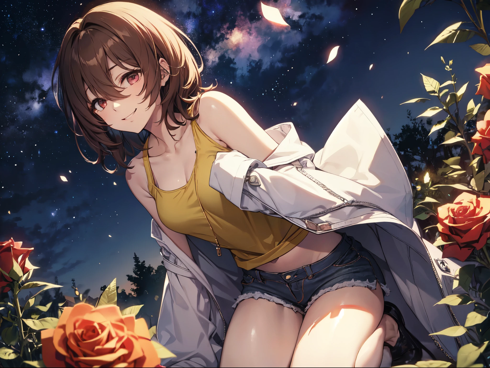 alone、Alone、Human Girl、Human Ear、( black tank top )、(green denim shorts)、smile、 forward leaning、slouch、Kneeling、Focus on the chest、 rose garden、 starry sky 、 Hi-Res, masterpiece, accurate, anatomically correct, won numerous awards, best quality, textured skin,