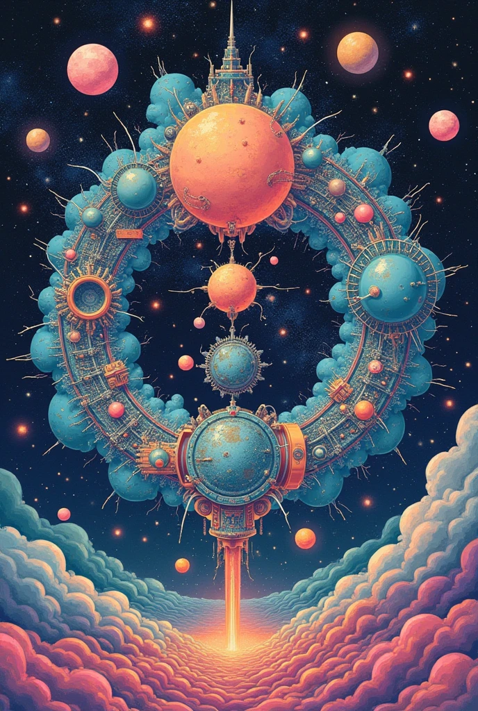  drawing of a group of objects in a circle, Intricate galaxy design, by Bjorn Winblad,  Complex machines in space ,  inspired by Takashi Murakami , Fantasy painting made with fractals, Official illustrations, Star pattern, Floating planets and moons, Colorful colored , inspired by Bjorn Winblad