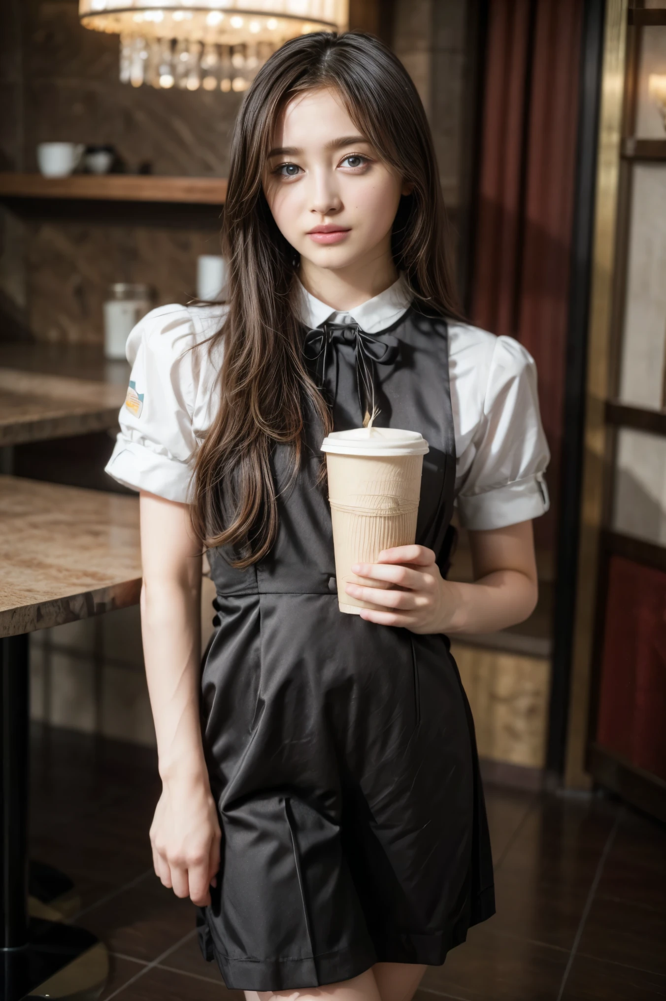 (8k, RAW photo, best quality, masterpiece: 1.2), (realistic, photo-realistic: 1.37), ultra-detailed, 1 girl, cute, solo, beautiful detailed sky, detailed coffee, night, sitting, (flushed nose), (smile: 1.1), (mouth closed), medium breasts, beautiful detailed eyes, (collared shirt: 1.1), bow tie, pleated skirt, (short hair: 1.2), long hair, taking big ice cream,