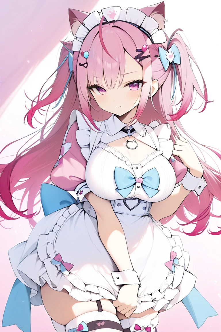 1girl,solo,sakuna,profile,naughty face,pink eyes,Beautiful Eyes,:3,pink hair,maid headdress,thigh highs,puffy short sleeves,cat ears,dress,apron,white apron,long hair,two side up,large breasts,light blue bow,hair ornament,puffy sleeves,short sleeves,pink dress,wrist cuffs,pink bow,sakuna,maid headdress,puffy short sleeves,dress,white apron,light blue bow,hair ornament,wrist cuffs,Official Costumes,(masterpiece,best quality,very aesthetic,ultra detailed),cute,pink heart background